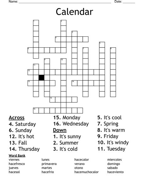 calendar crossword puzzle.